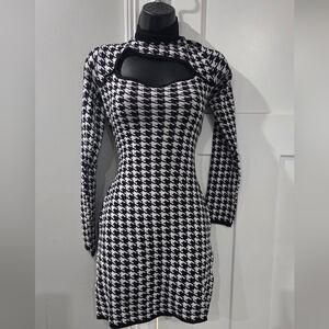 Houndstooth Cutout Bodycon Dress - Black & White